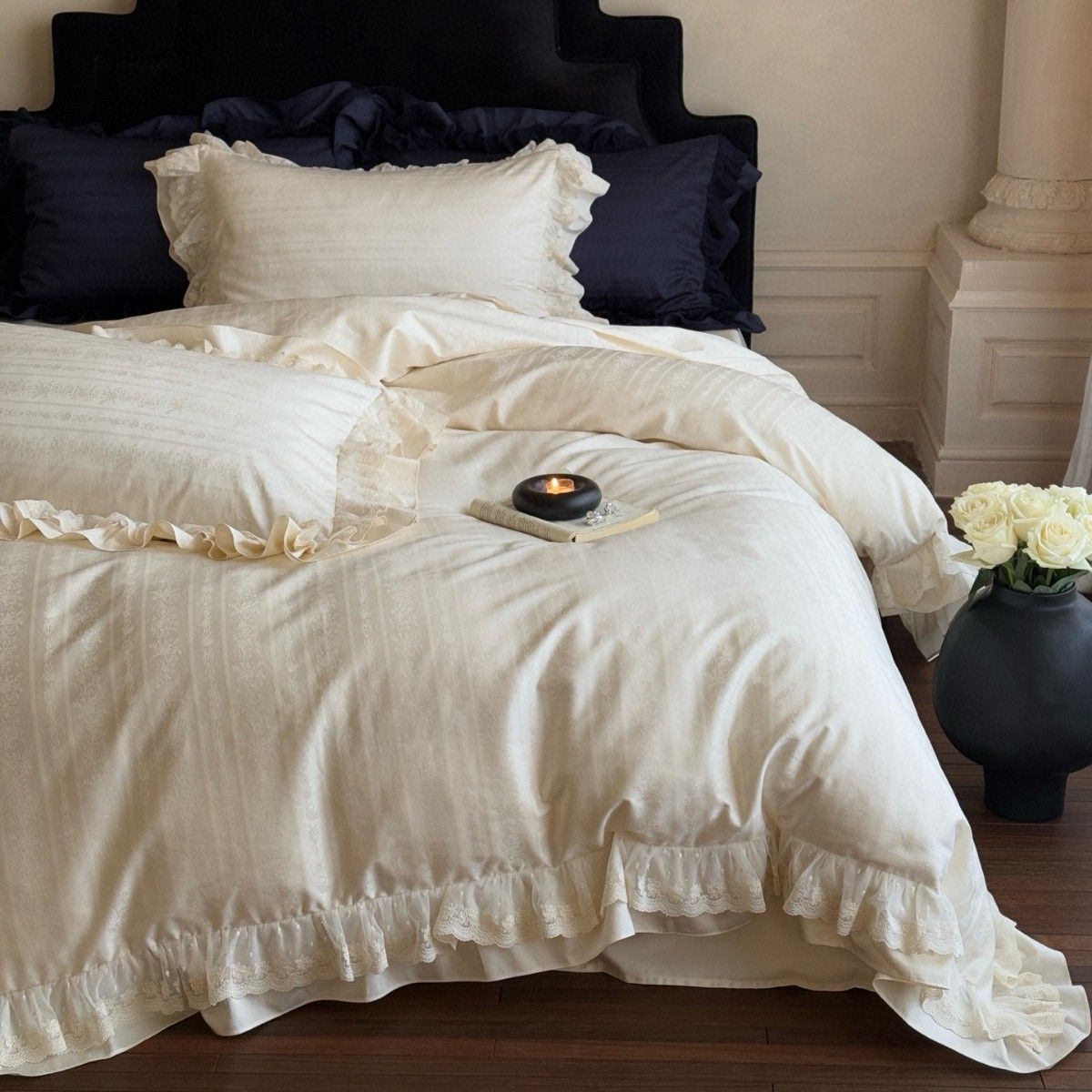 1 Jacquard Striped French Korean Style Fresh 100% Long-staple Cotton Four-piece Bedding Set With Lace Trim_maomaolike.com