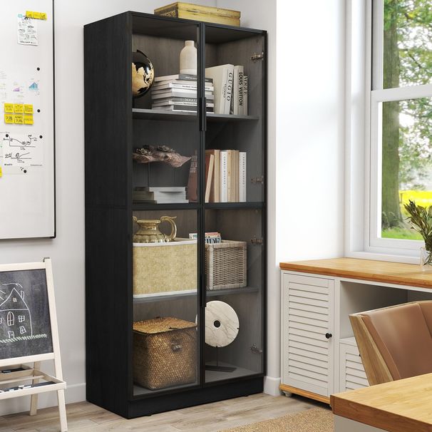Display Cabinet With Glass Doors, Tall Storage Cupboard, Freestanding Curio Display Cabinet With 4-Tier Storage Shelves For Collectibles, Living Room, Home Office_maomaolike.com