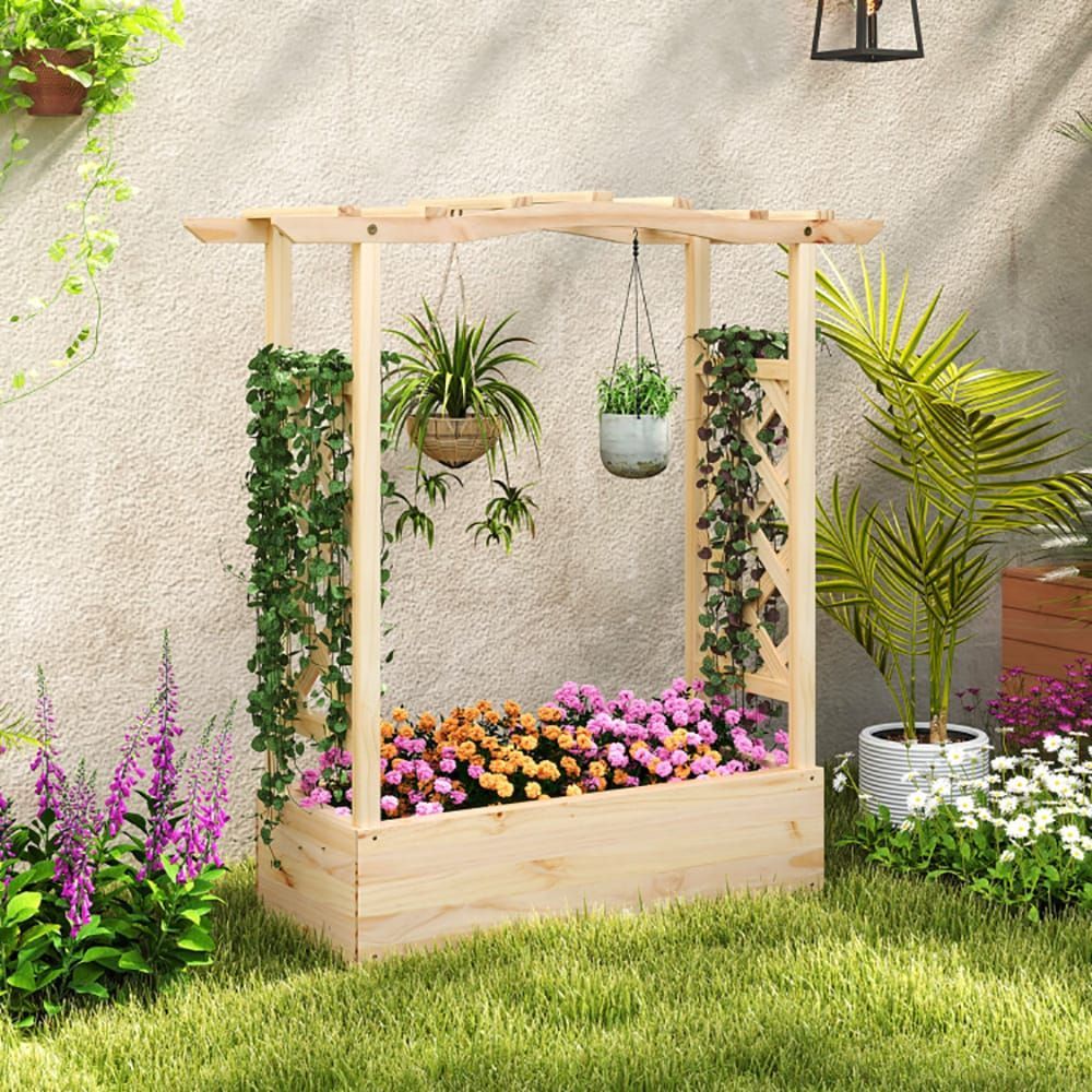 Wooden Raised Garden Bed Planter Box With Trellis And Hanging Roof_maomaolike.com