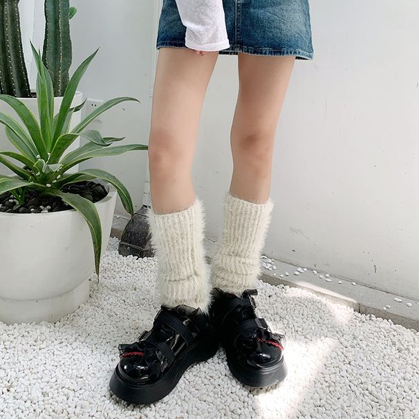 Autumn and winter plush feather yarn knitted leg covers thickened warm slimming pile socks y2k white plush mid tube socks_maomaolike.com