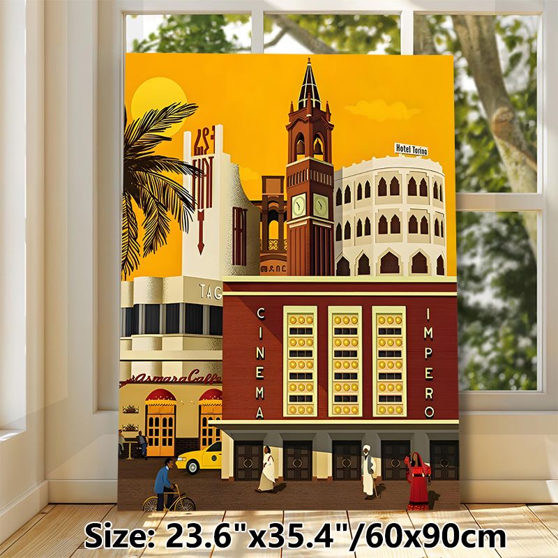 Vintage Urban Street Scene Painting Poster, Vibrant Retro Flat-style Cityscape Poster, Nostalgic Urban Charm With Iconic Buildings, Ideal For Living_maomaolike.com