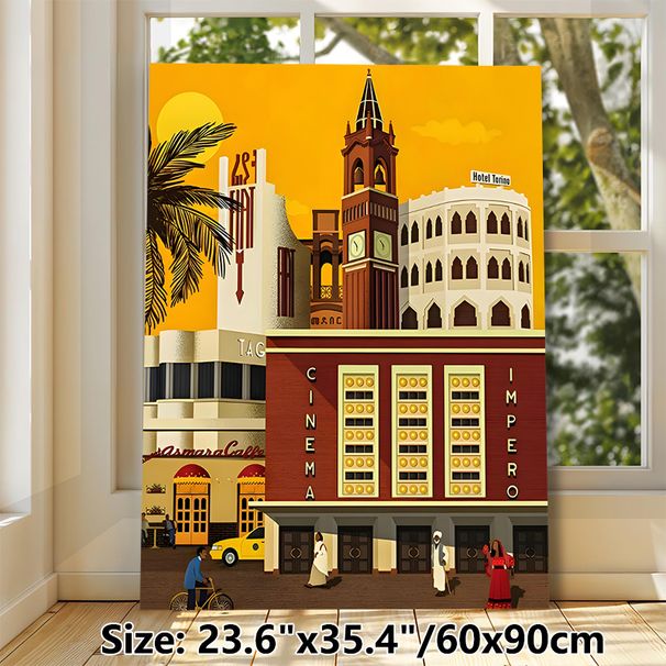 Vintage Urban Street Scene Painting Poster, Vibrant Retro Flat-style Cityscape Poster, Nostalgic Urban Charm With Iconic Buildings, Ideal For Living_maomaolike.com