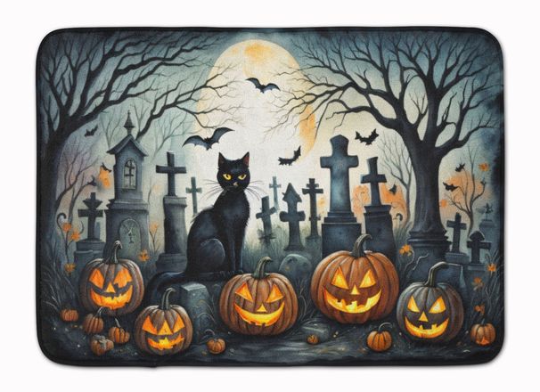 Black Cat Spooky Halloween Memory Foam Kitchen Mat Machine Washable Anti-Fatigue Mat Cushion Comfort Bath Mat Or Kitchen Rug_maomaolike.com