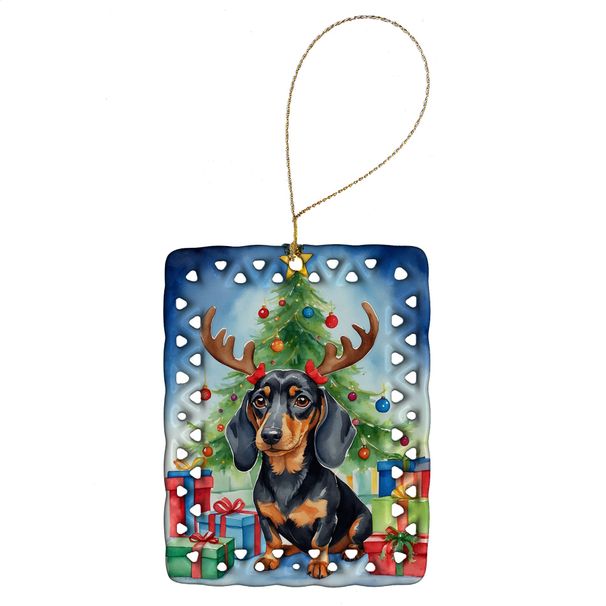 Black And Tan Dachshund Christmas Reindeer Porcelain Ornament Christmas Tree Hanging Decorations For Home Christmas Holiday, Rectangle, Gift, Multicolor_maomaolike.com