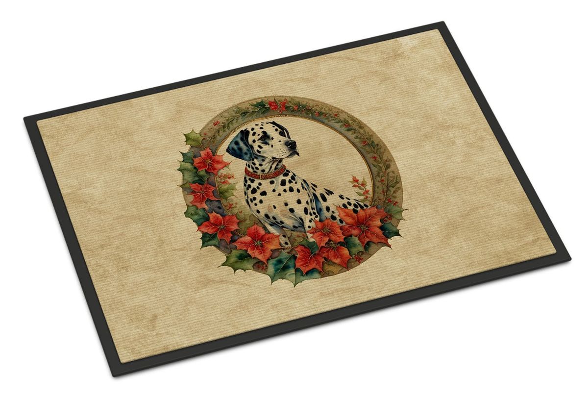Dalmatian Christmas Flowers Doormat Front Door Mat Indoor Outdoor Rugs For Entryway, Non Slip Washable Low Pile, 24H X 36W_maomaolike.com