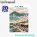 Busan Themed Painting Poster, Vibrant Retro Style Poster, Features Lively Harbor Market, Beach, Bridge & Cherry Blossom Scene, Ideal For Home, Living_maomaolike.com