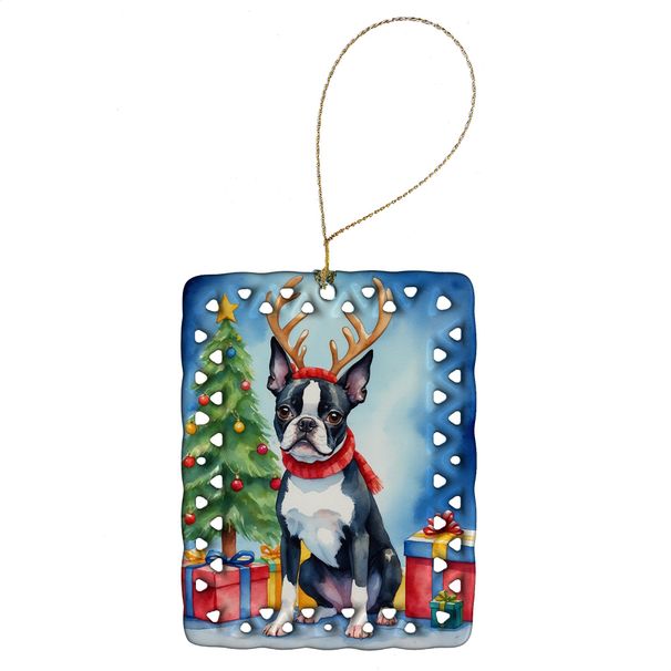 Boston Terrier Christmas Reindeer Porcelain Ornament Christmas Tree Hanging Decorations For Home Christmas Holiday, Rectangle, Gift, Multicolor_maomaolike.com