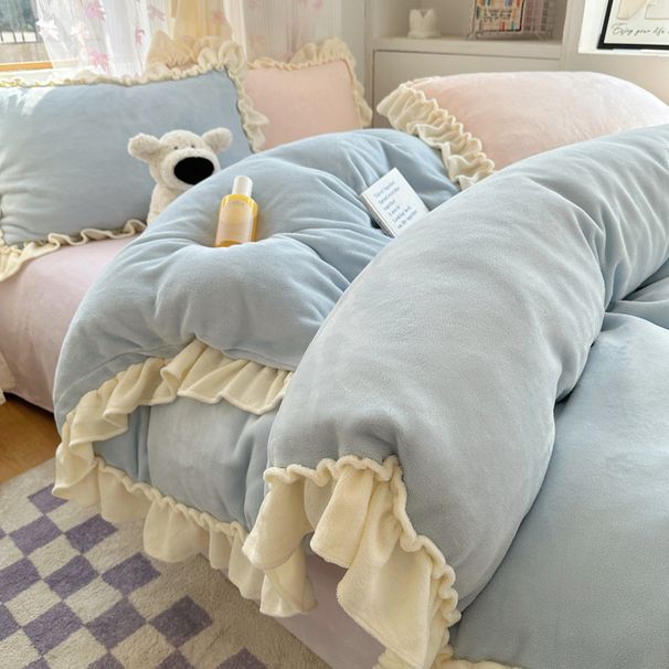 Wholesale Ins Princess Style Wrinkled Lace Milk Velvet Four-Piece Winter Warm Mixed Color Flannel 4-Piece Set_maomaolike.com