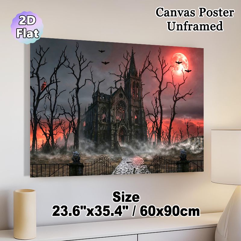Haunted Gothic Church Painting Poster, Mysterious Dark Spooky Scene Poster, Eerie Atmospheric Design Ideal For Home And Halloween Party Decor_maomaolike.com