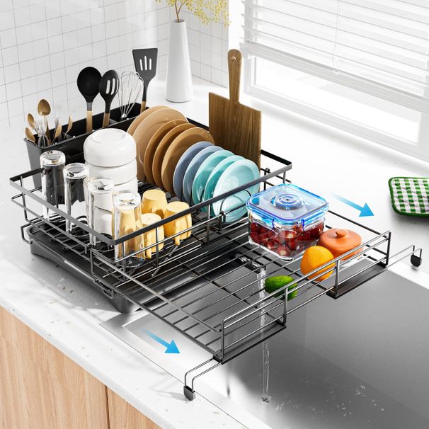 Laveshop Dish Drying Rack - Expandable Rack, Large Capacity Dish Drainer For Kitchen Counter, Rust-Proof With Utensil Holder, Black_maomaolike.com