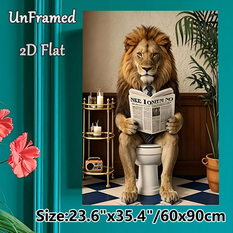 Anthropomorphic Lion Reading Newspaper Painting Poster, Whimsical Humorous Bathroom Scene Poster, Playful Quirky Decor Ideal For Bathroom, Living Room_maomaolike.com