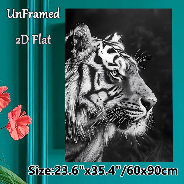 Tiger Themed Painting Poster, Monochrome Realistic Tiger Portrait Poster, Detailed Wildlife Artwork, Ideal For Living Room, Office And Home Decor_maomaolike.com