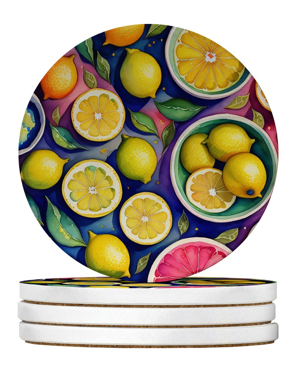 Colorful Lemons Large Sandstone Coasters Pack Of 4 Absorbent Round Coasters Decor Gifts For Men Or Women, 4 In, Multicolor_maomaolike.com