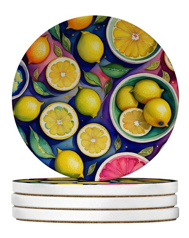 Colorful Lemons Large Sandstone Coasters Pack Of 4 Absorbent Round Coasters Decor Gifts For Men Or Women, 4 In, Multicolor_maomaolike.com