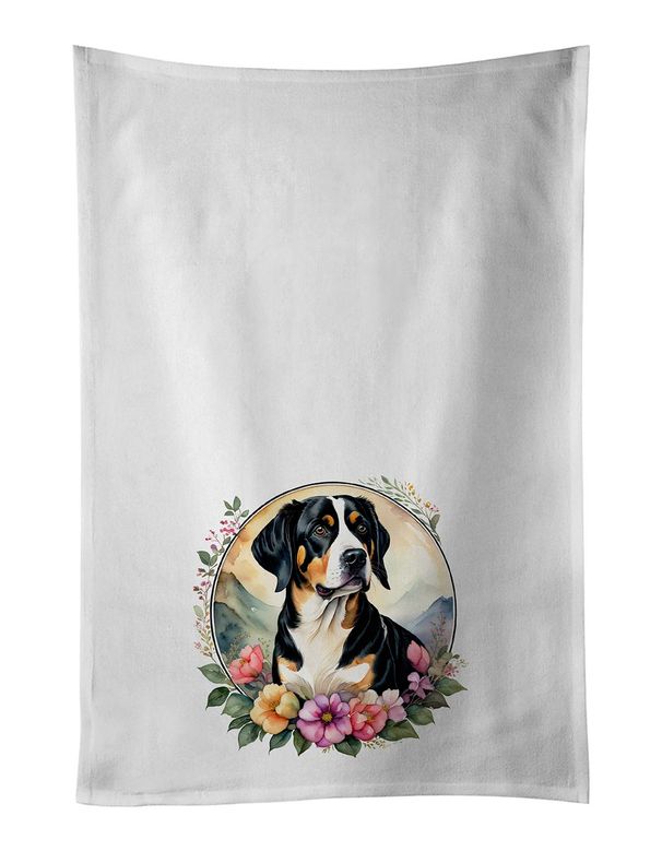Entlebucher Mountain Dog And Flowers Kitchen Towel Set Of 2 White Dish Towels Decorative Bathroom Hand Towel For Hand, Face, Hair, Yoga, Tea, Dishcloth, 19 X 28", White_maomaolike.com