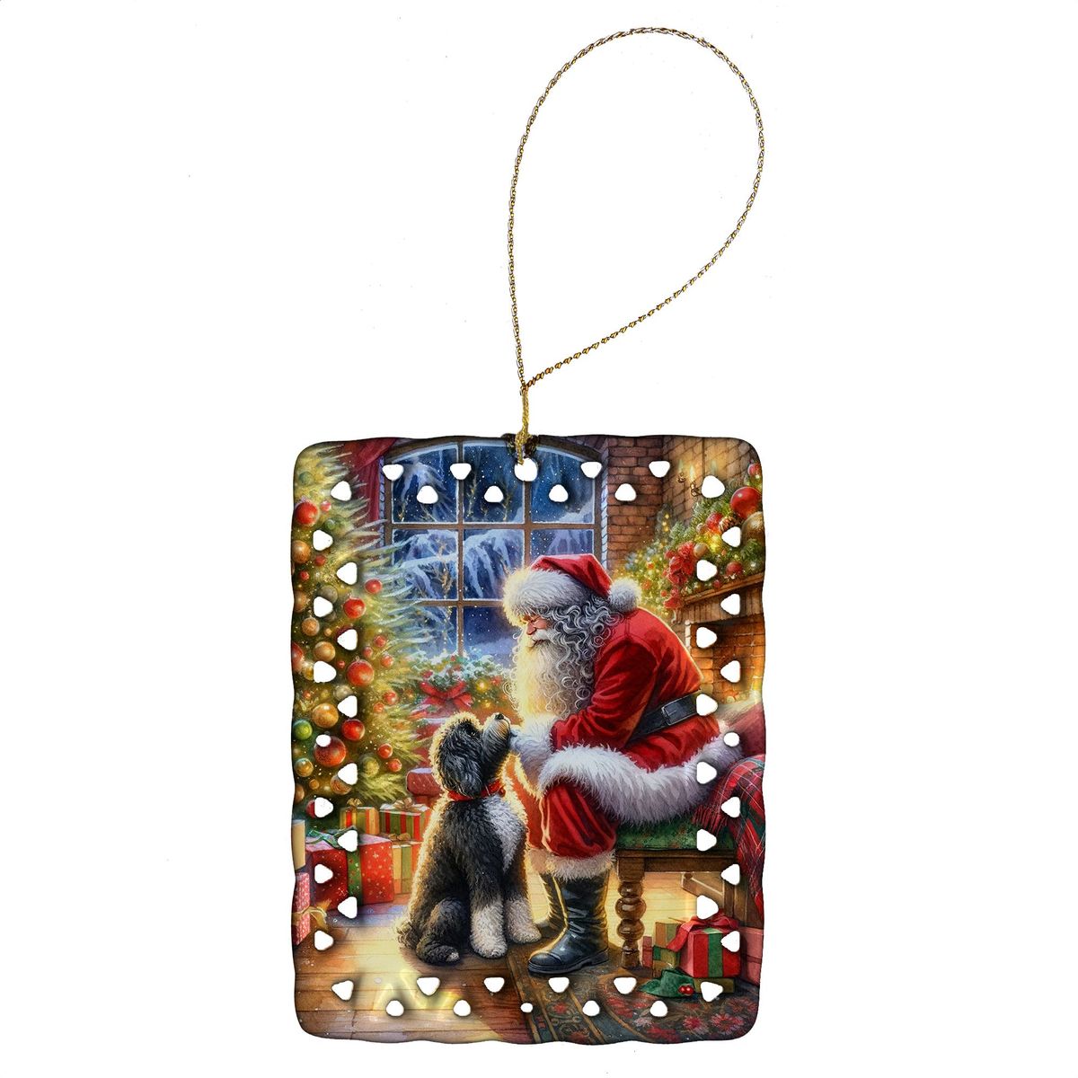 Portuguese Water Dog And Santa Claus Porcelain Ornament Christmas Tree Hanging Decorations For Home Christmas Holiday, Rectangle, Gift, Multicolor_maomaolike.com
