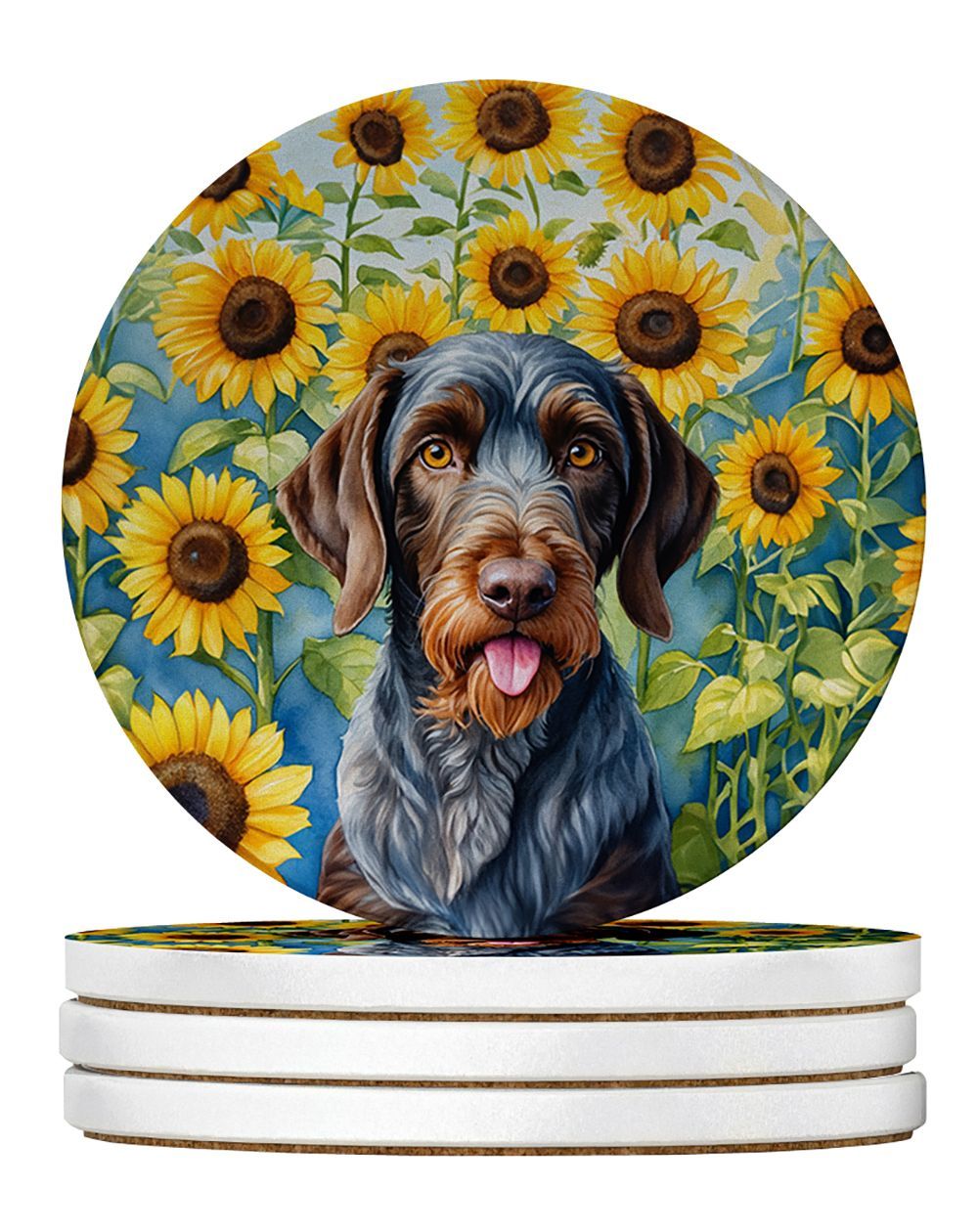 German Wirehaired Pointer In Sunflowers Large Sandstone Coasters Pack Of 4 Absorbent Round Coasters Decor Gifts For Men Or Women, 4 In, Multicolor_maomaolike.com