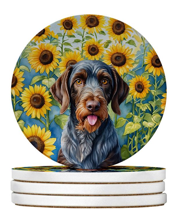 German Wirehaired Pointer In Sunflowers Large Sandstone Coasters Pack Of 4 Absorbent Round Coasters Decor Gifts For Men Or Women, 4 In, Multicolor_maomaolike.com
