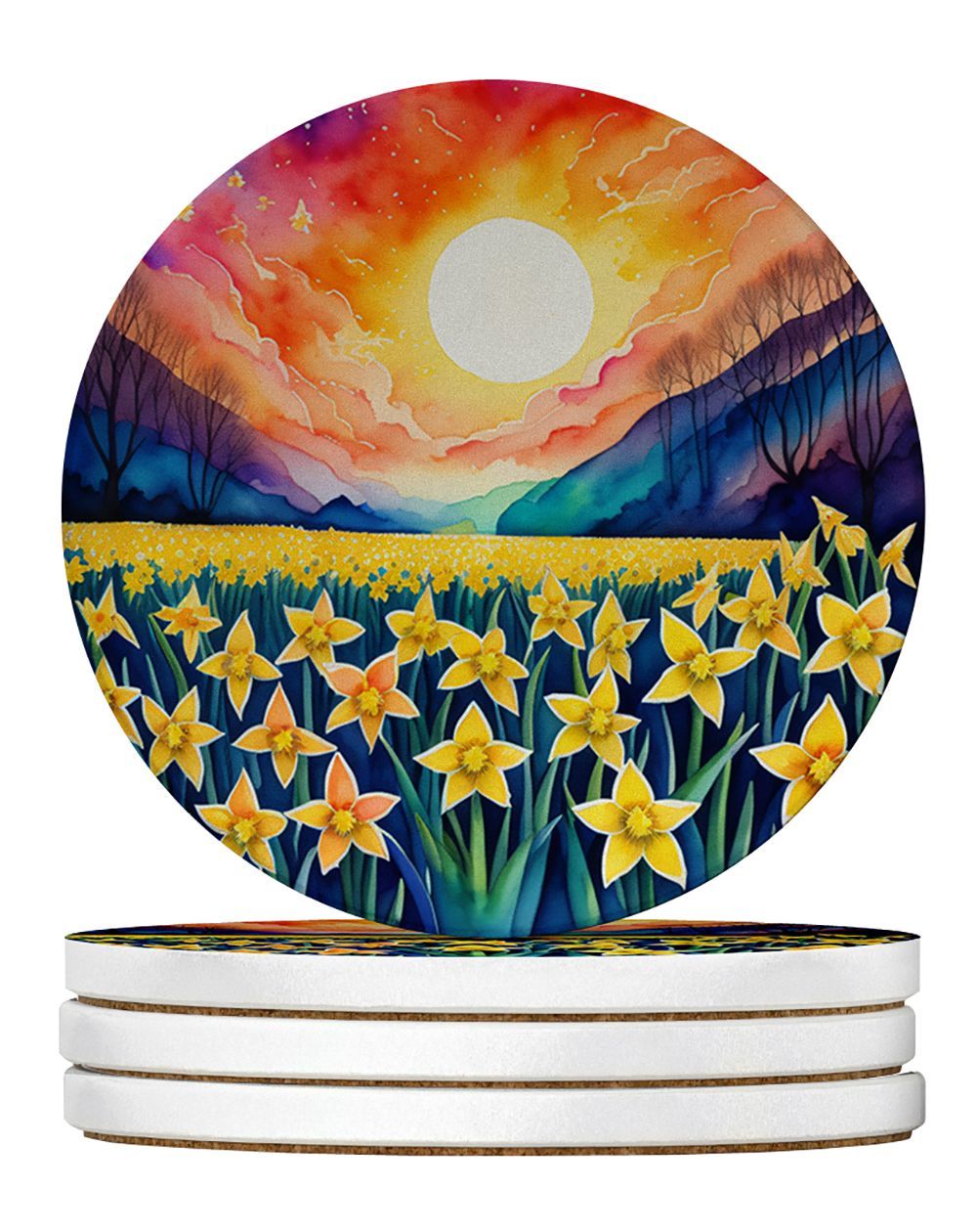 Colorful Daffodils Large Sandstone Coasters Pack Of 4 Absorbent Round Coasters Decor Gifts For Men Or Women, 4 In, Multicolor_maomaolike.com
