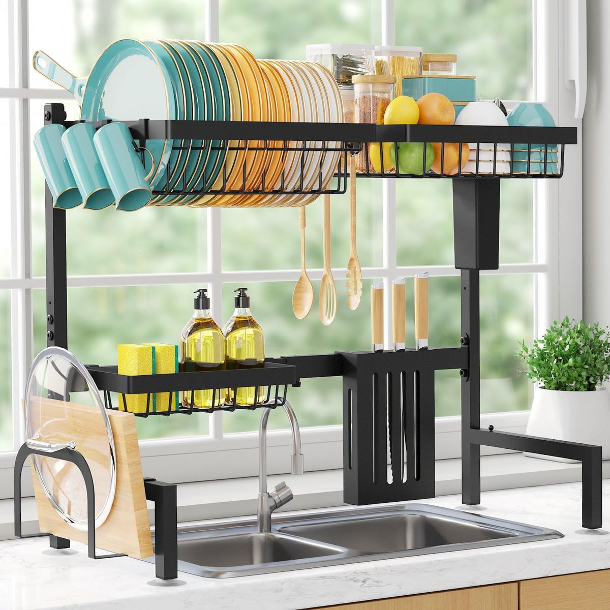 Sakugi Over The Sink Dish Drying Rack - Adjustable 2 Tier Large Capacity Stainless Steel Drainer With Cutlery & Utensil Holders, Kitchen Storage_maomaolike.com