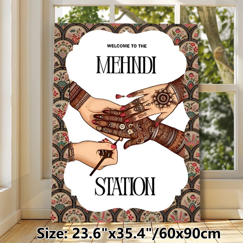 Mehndi Station Themed Painting Poster, Intricate Ethnic Style Poster With Hand Mehndi Art & Floral Border, Cultural Decorative Piece Ideal For Wedding_maomaolike.com