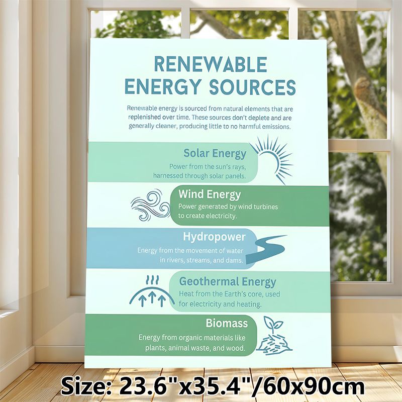 Renewable Energy Sources Painting Poster, Informative Minimalist Infographic Poster, Educational Reference Detailing 5 Green Energy Types, Ideal For_maomaolike.com