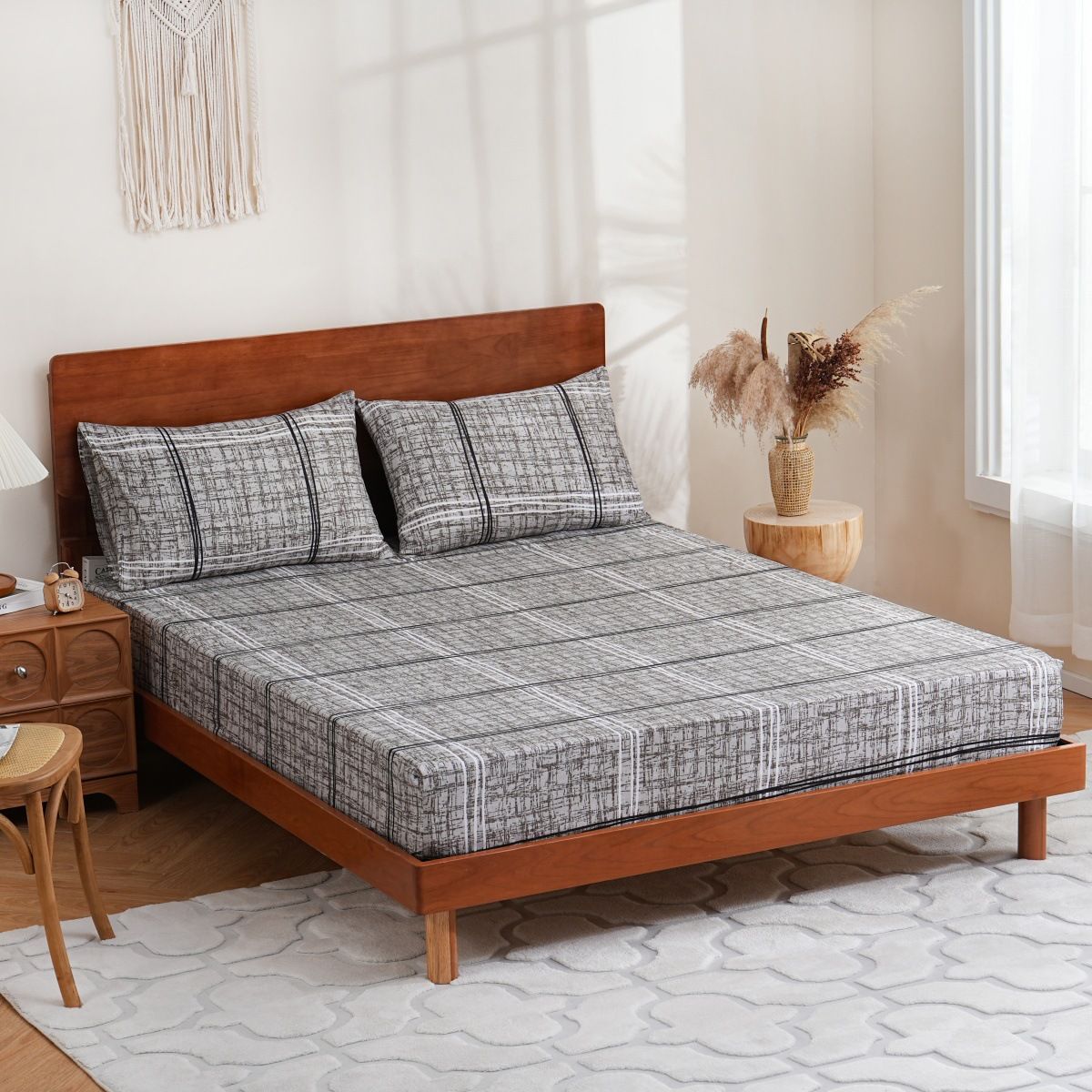 Gray Texture Geometric Cover Polyester Skin Friendly Bed Mattress Protector Fitted Sheet_maomaolike.com