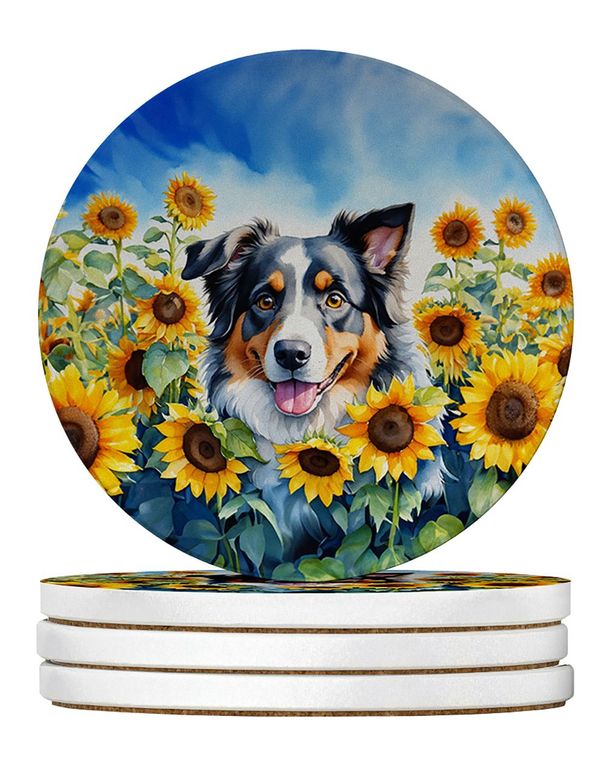 Australian Shepherd In Sunflowers Large Sandstone Coasters Pack Of 4 Absorbent Round Coasters Decor Gifts For Men Or Women, 4 In, Multicolor_maomaolike.com