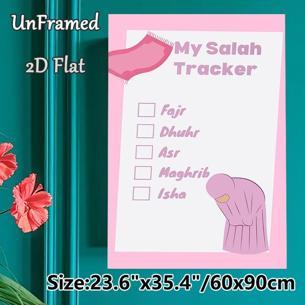 Salah Tracker Painting Poster, Soft Pink Cartoon-style Poster, Practical Tracker For Daily Salah, Suitable For Prayer Room And Home_maomaolike.com