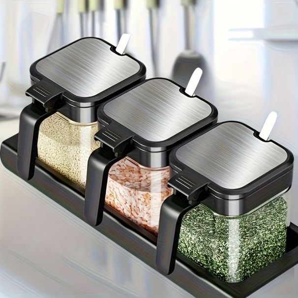 3pcs With Spoon 10oz Glass Jar Set Seasoning Jars Organizer Storage Bottles For Spice Rack_maomaolike.com