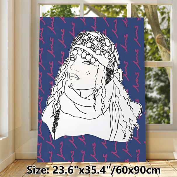 Stylized Boho Figure Painting Poster, Minimalist Line Art Portrait Poster, Artistic Design With Decorative Beaded Headwrap And Wavy Hair, Suitable For_maomaolike.com
