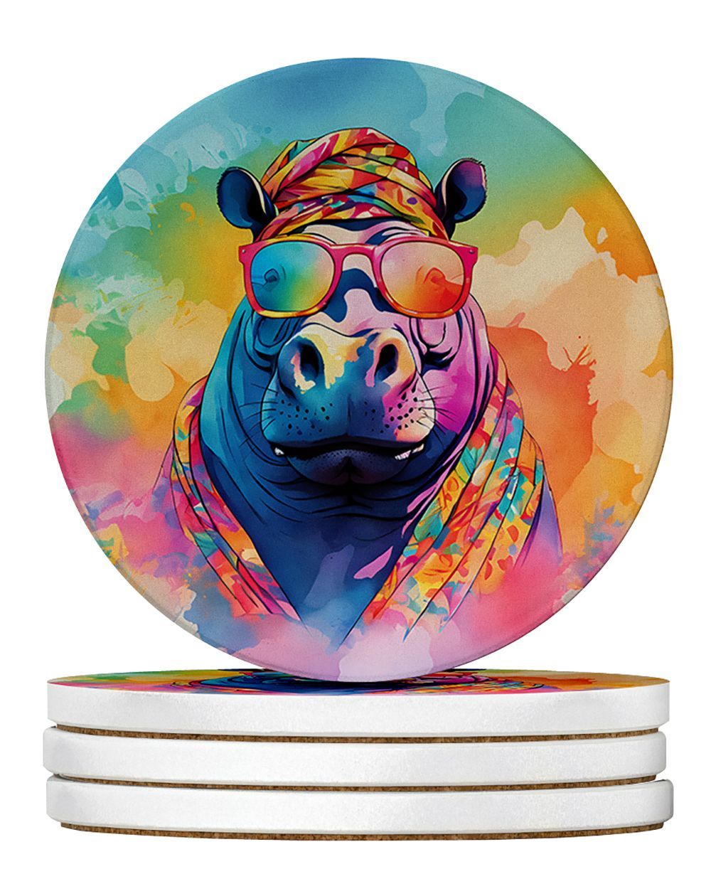 Hippie Animal Hippopotamus Large Sandstone Coasters Pack Of 4 Absorbent Round Coasters Decor Gifts For Men Or Women, 4 In, Multicolor_maomaolike.com