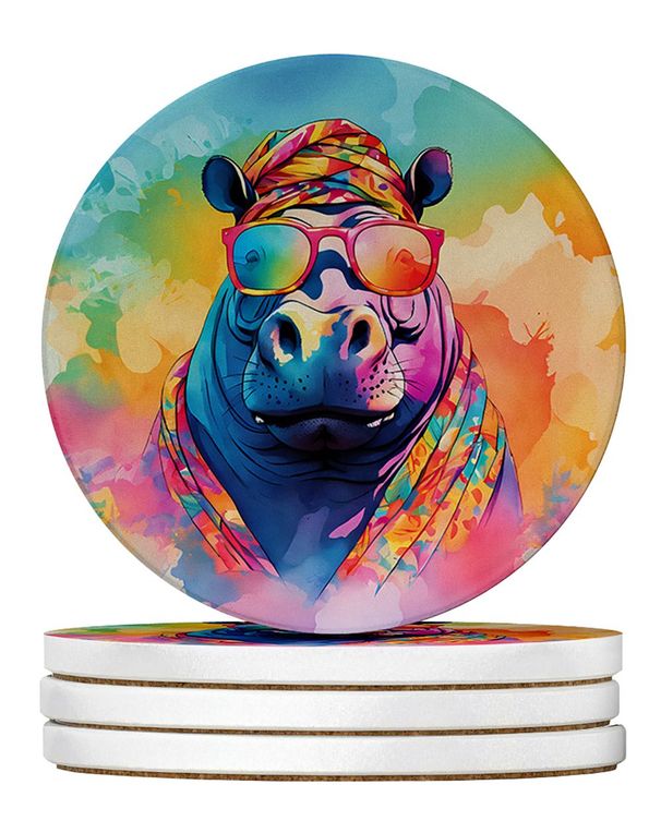 Hippie Animal Hippopotamus Large Sandstone Coasters Pack Of 4 Absorbent Round Coasters Decor Gifts For Men Or Women, 4 In, Multicolor_maomaolike.com