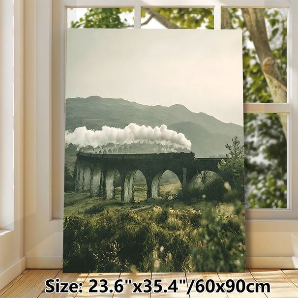 Steam Train & Viaduct Painting Poster, Vintage-hued Misty Mountain Landscape Poster, Evokes Nostalgic Rustic Charm, Suitable For Living Room, Study_maomaolike.com