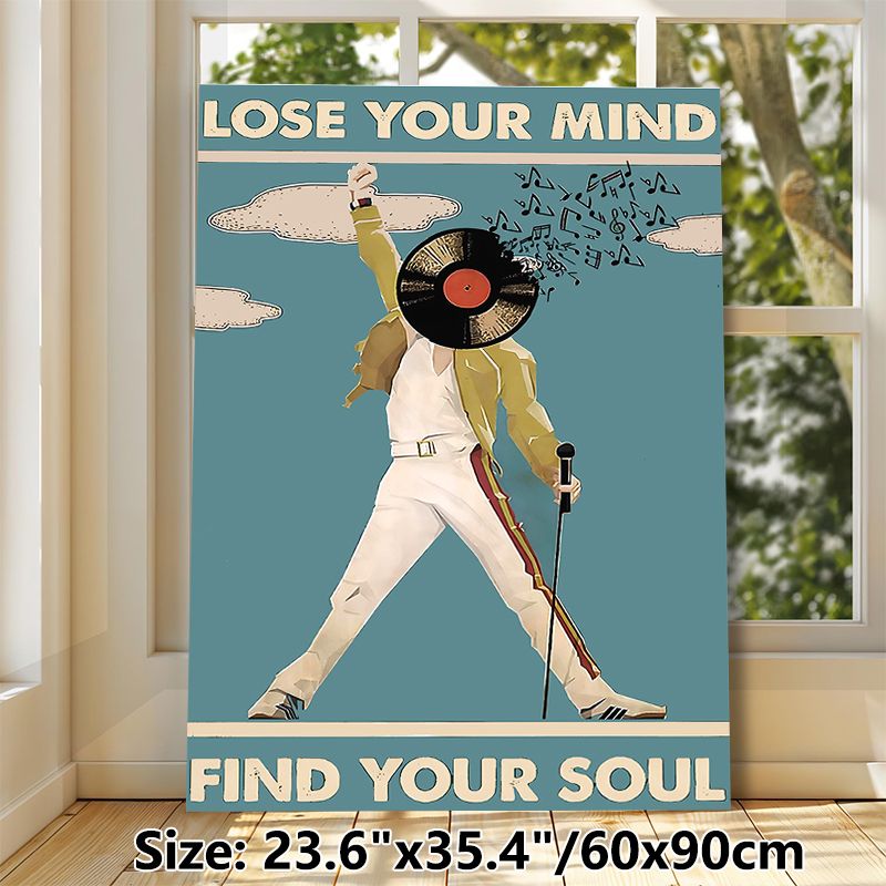 Retro Music Performer Painting Poster, Vintage-style Graphic Poster, Artistic Design Featuring Vinyl-headed Performer, Musical Notes And Inspirational_maomaolike.com