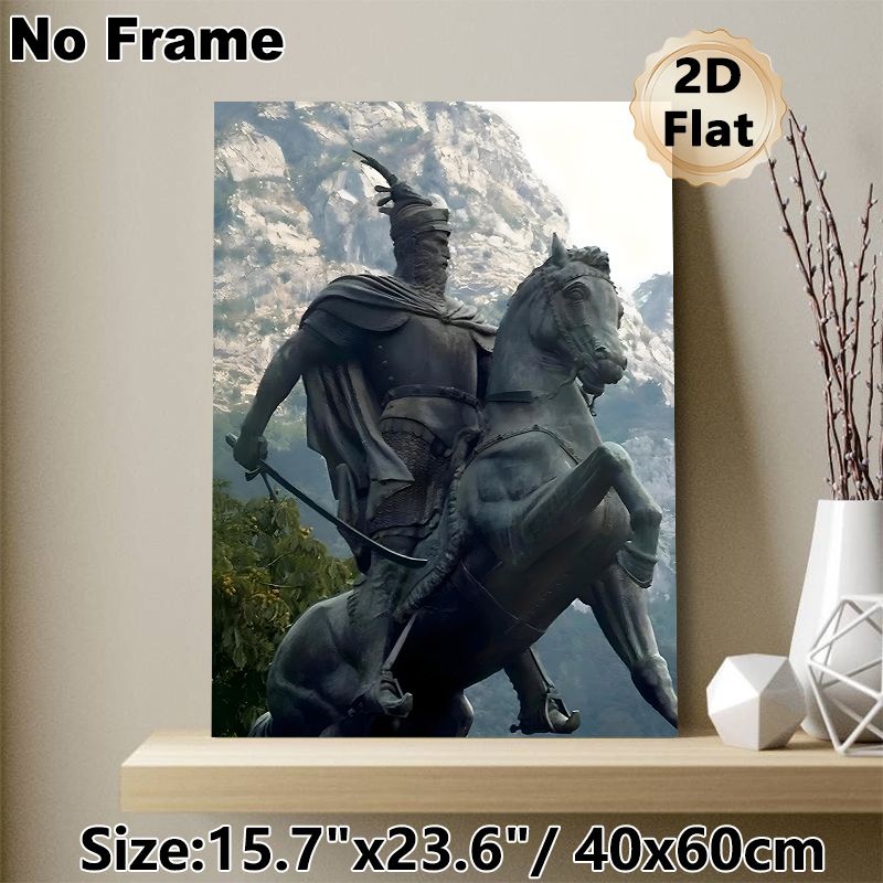 Ancient Warrior On Horseback Painting Poster, Vintage-toned Realistic Bronze Statue Style Poster, Historical Warrior Design Brings Classic Vibe For_maomaolike.com