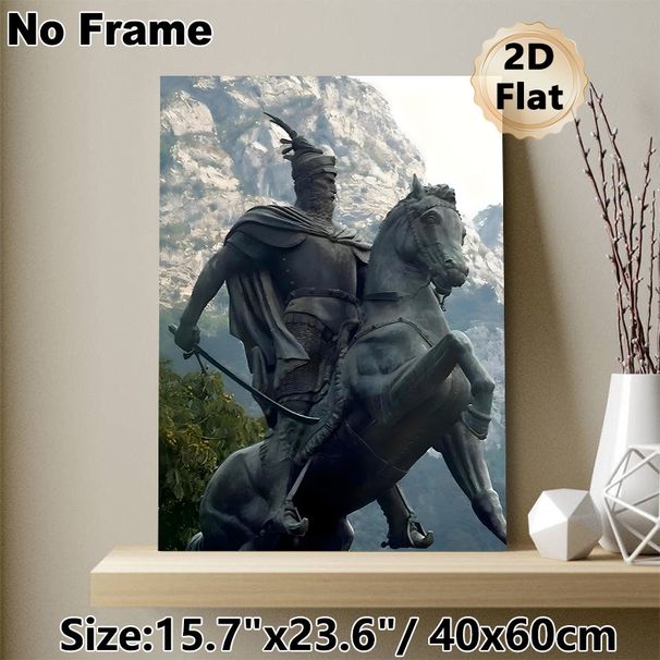 Ancient Warrior On Horseback Painting Poster, Vintage-toned Realistic Bronze Statue Style Poster, Historical Warrior Design Brings Classic Vibe For_maomaolike.com