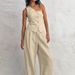 Women's Commuter Fashion Khaki Off-shoulder Cotton and Linen Vest Trousers Two-piece Set _maomaolike.com