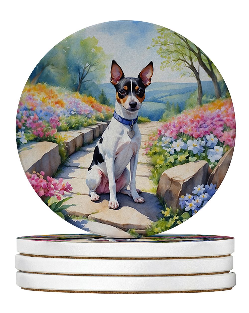 Rat Terrier Spring Path Large Sandstone Coasters Pack Of 4 Absorbent Round Coasters Decor Gifts For Men Or Women, 4 In, Multicolor_maomaolike.com