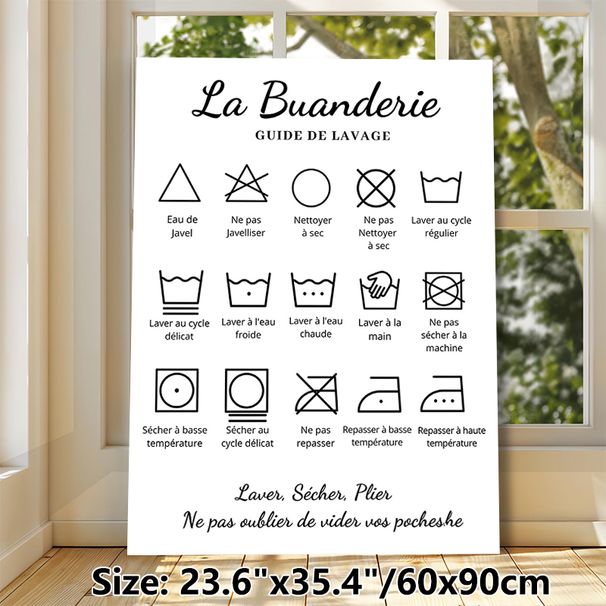 French Laundry Care Guide Painting Poster, Minimalist Black-and-white Line Art Laundry Symbol Poster, Practical Laundry Care Reference Ideal For_maomaolike.com