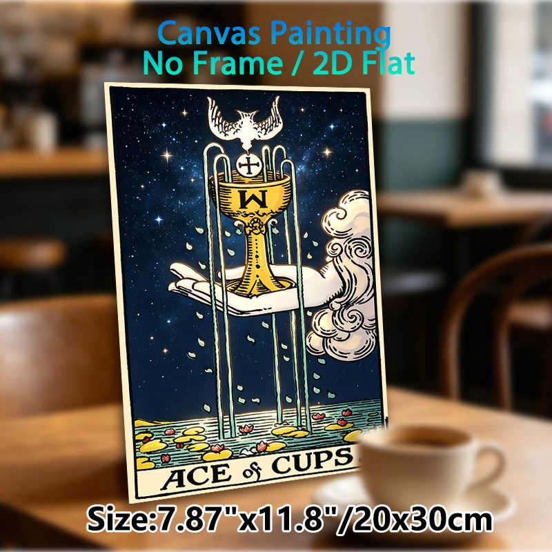 Tarot Ace Of Cups Painting Poster, Vintage Mystical Style Poster, Intricate Design With Golden Cup, Dove, Starry Sky And Flowing Water, Suitable Decor_maomaolike.com