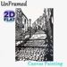 Vintage Cobblestone Alleyway Painting Poster, Monochrome Linocut-style Poster, Classic Nostalgic Urban Scene With Old Buildings And Street Lamp_maomaolike.com