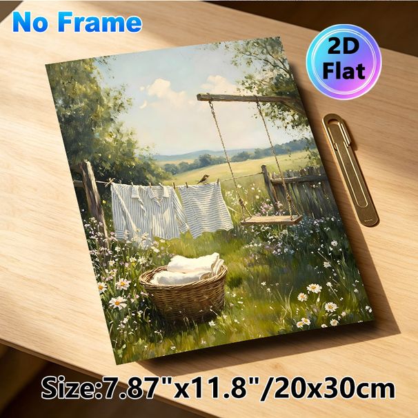 Rustic Laundry Yard Painting Poster, Warm-toned Idyllic Pastoral Poster, Sunlit Yard With Hanging Clothes, Wildflowers And Swing, Adds Cozy Rural Feel_maomaolike.com