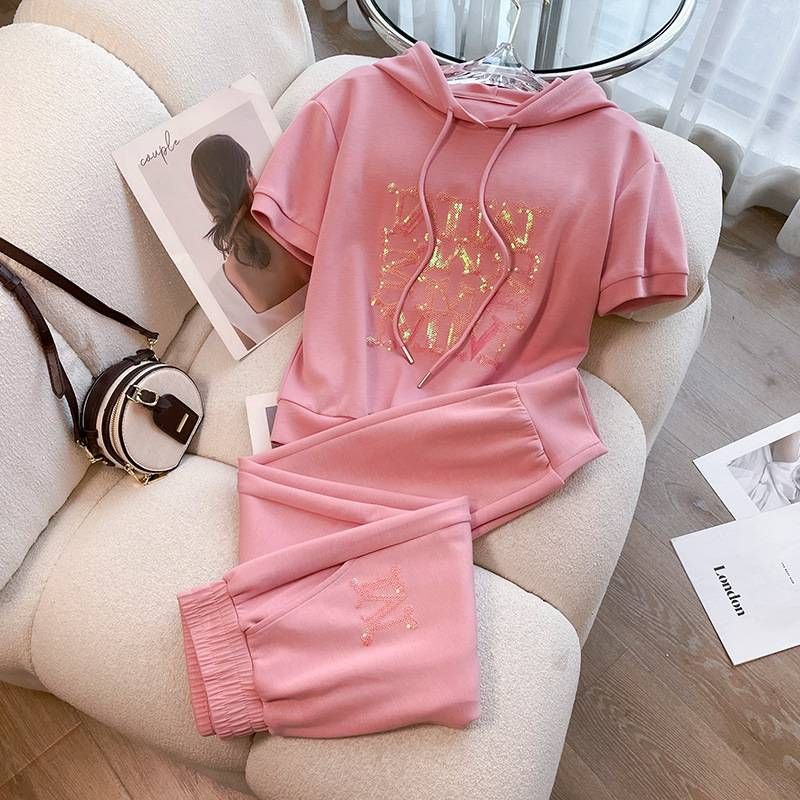 Women's Clothing Pink sports suit for women summer 2023 new high-end fashion versatile loose short-sleeved two-piece suit_maomaolike.com