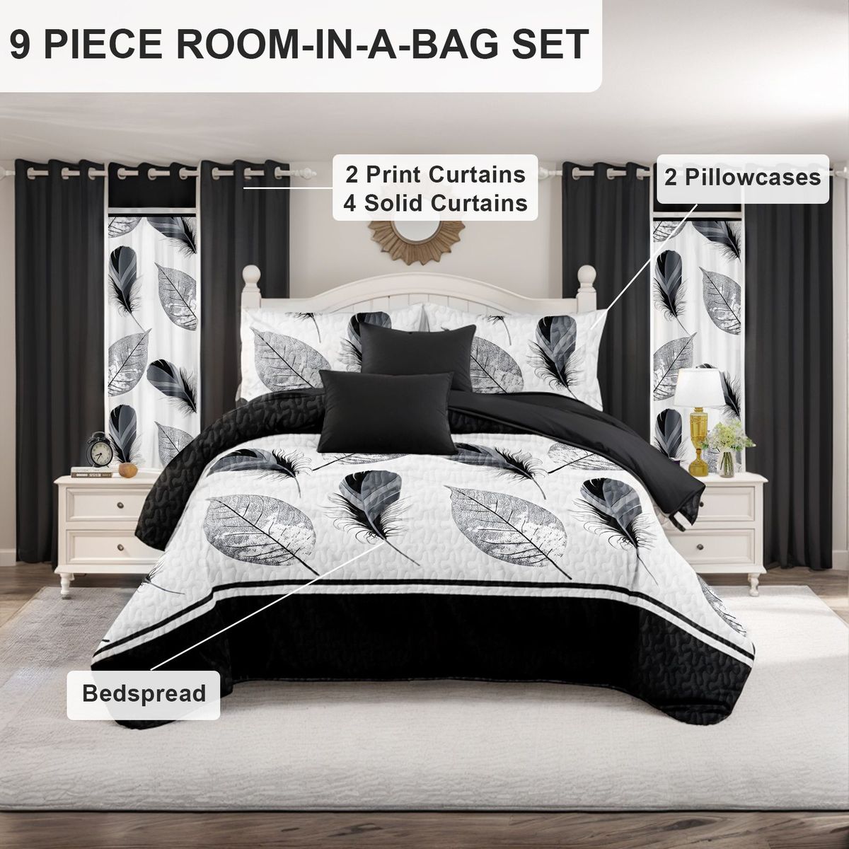 9 Piece Soft All-Season Washed Microfiber Cover Set , Queen/King/Calking Bedding Set With Pillowcases,Bedspread Print Curtains & Solid Curtains,Print, Moisture-Wicking, Soft ,Cooling, Easy Care_maomaolike.com