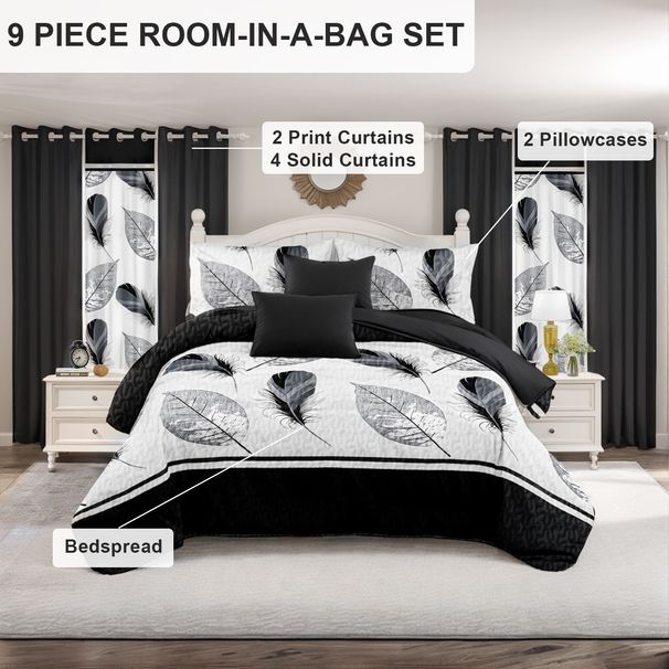 9 Piece Soft All-Season Washed Microfiber Cover Set , Queen/King/Calking Bedding Set With Pillowcases,Bedspread Print Curtains & Solid Curtains,Print, Moisture-Wicking, Soft ,Cooling, Easy Care_maomaolike.com