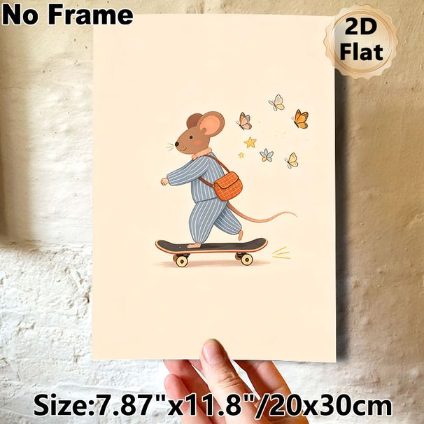 Skateboarding Mouse Painting Poster, Warm-toned Cute Cartoon Poster, Playful Design Of Mouse In Striped Outfit On Skateboard With Butterflies, Brings_maomaolike.com