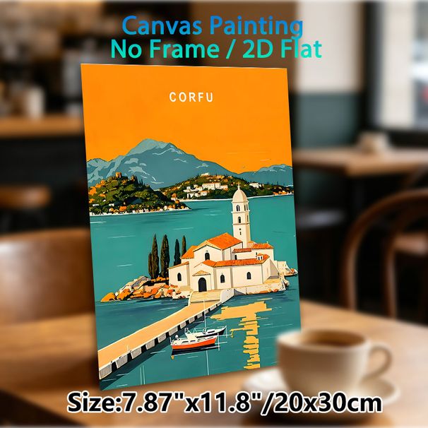 Corfu Coastal Village Painting Poster, Vibrant Retro Mediterranean Scenic Poster, Eye-catching Coastal Church & Boat Artwork Ideal For Living Room_maomaolike.com
