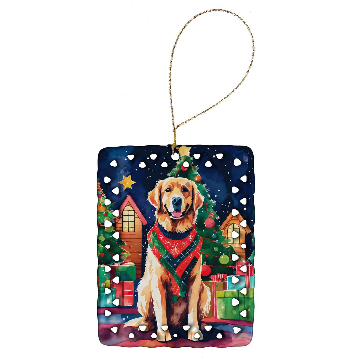 Golden Retriever Christmas Porcelain Ornament Christmas Tree Hanging Decorations For Home Christmas Holiday, Rectangle, Gift, Multicolor_maomaolike.com