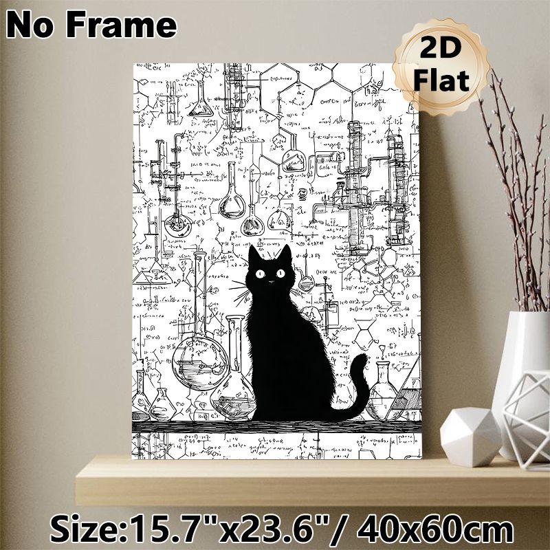 Black Cat & Chemistry Lab Painting Poster, Monochrome Sketch-style Poster, Artistic Design With Lab Glassware And Chemical Formulas, Ideal For Home_maomaolike.com